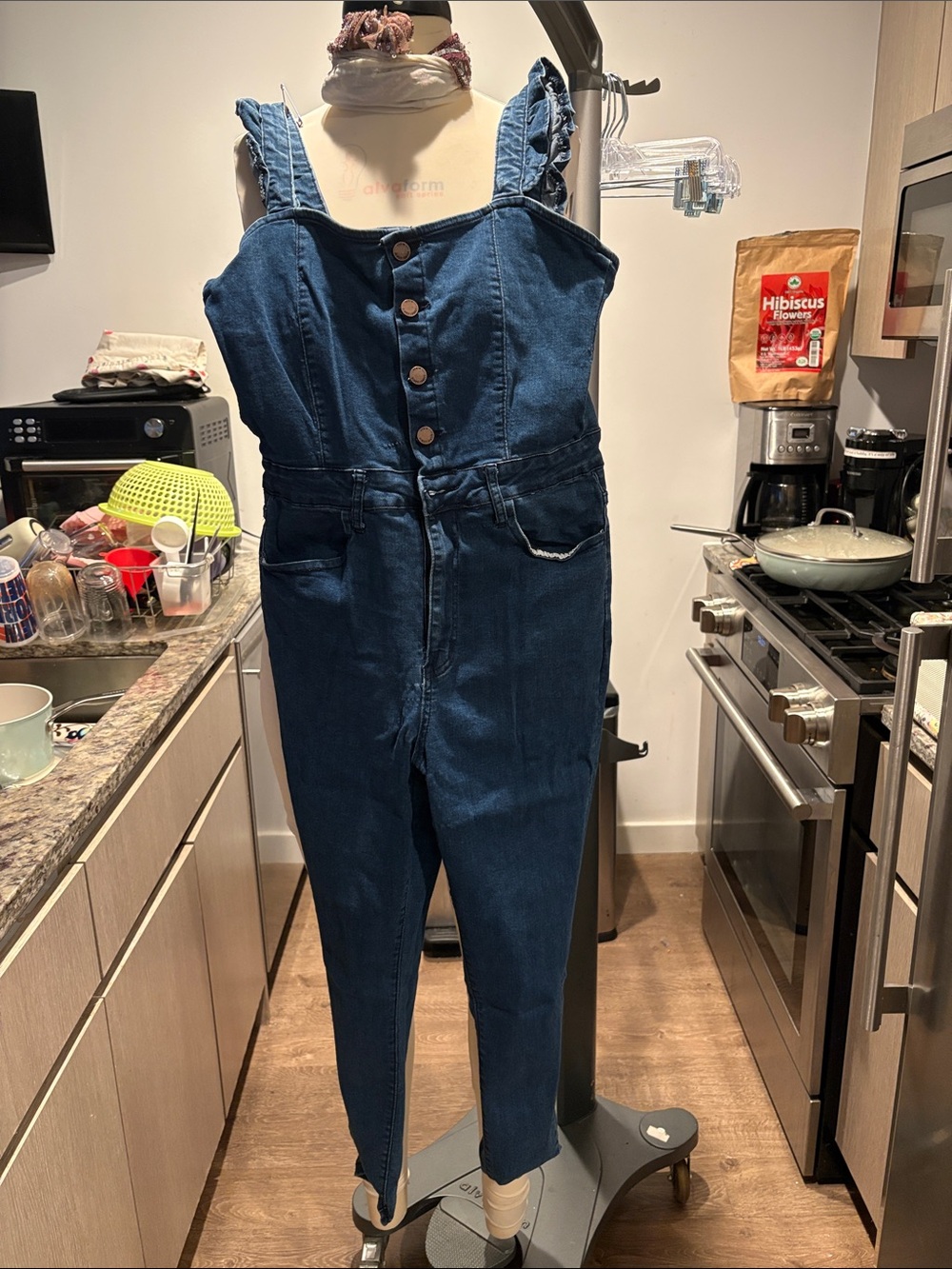 Almost Famous Dark Blue Denim Jumpsuit with Button Front